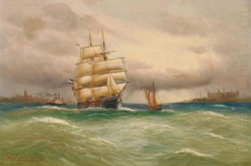 Alfred Jensen Marine mit Segelbooten, im Hintergrund Stadtsilhouette. china oil painting image